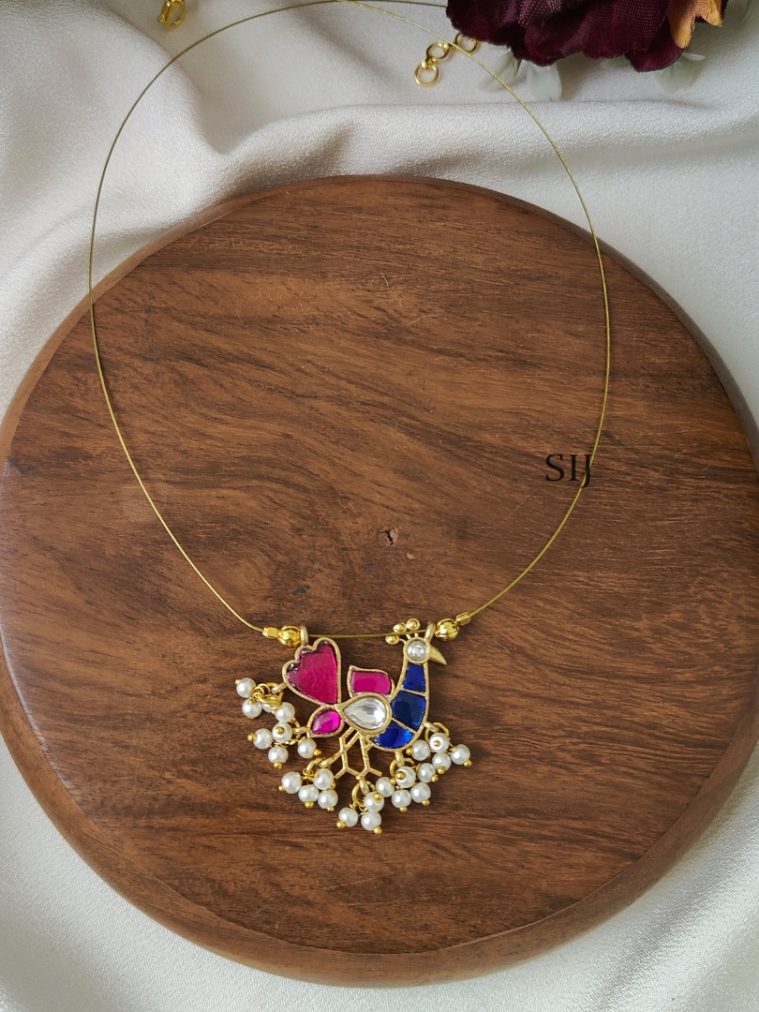 Blue with Pink Peacock Kundan Jadau Invisible Necklace