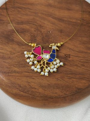 Blue with Pink Peacock Kundan Jadau Invisible Necklace