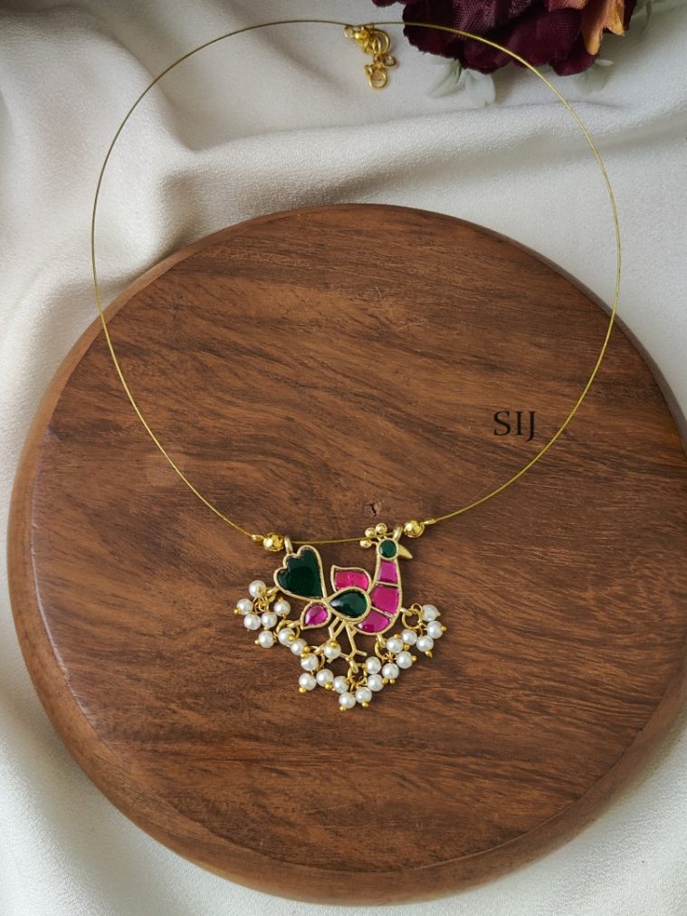Green with Pink Peacock Kundan Jadau Invisible Necklace