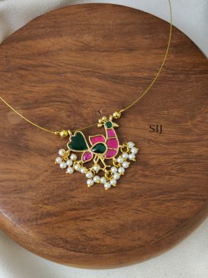 Green with Pink Peacock Kundan Jadau Invisible Necklace