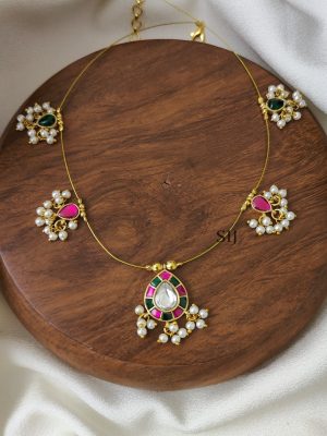 Pink with Green Teardrop Kundan Jadau Invisible Necklace