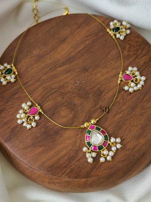 Pink with Green Teardrop Kundan Jadau Invisible Necklace