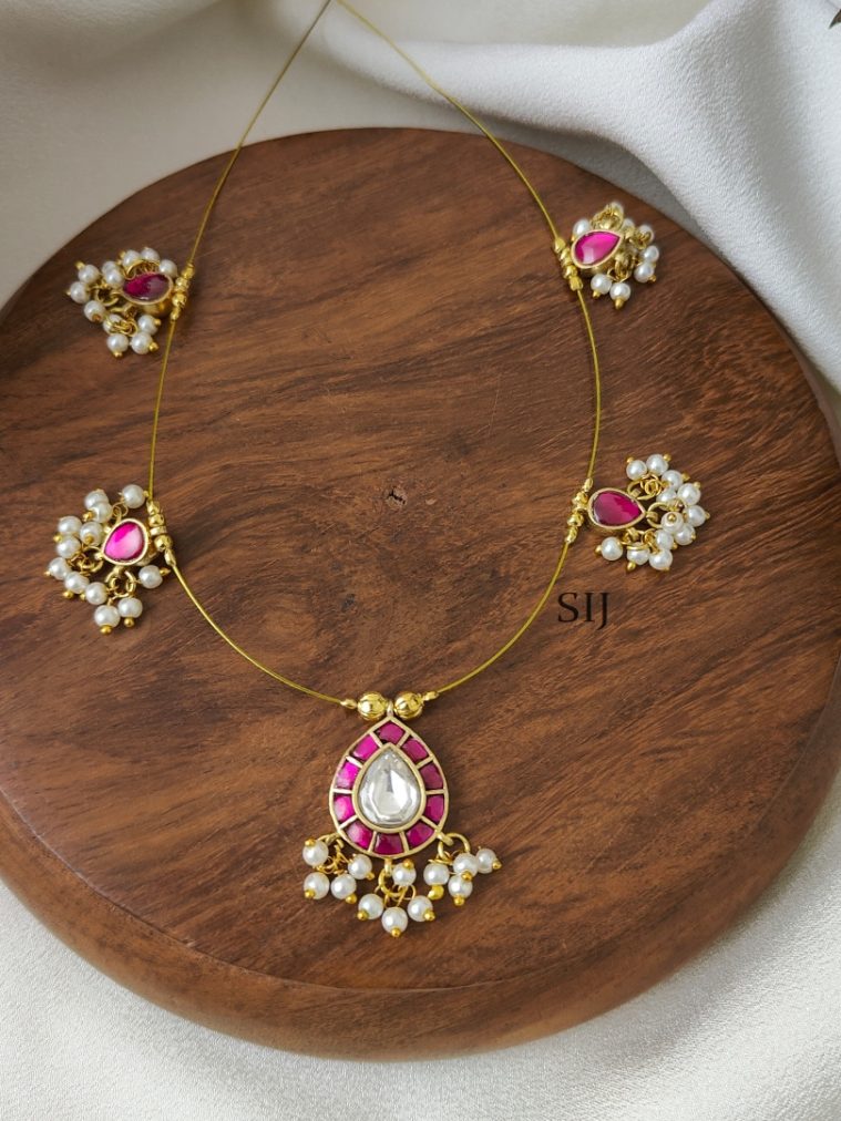 Pink Teardrop Kundan Jadau Invisible Necklace