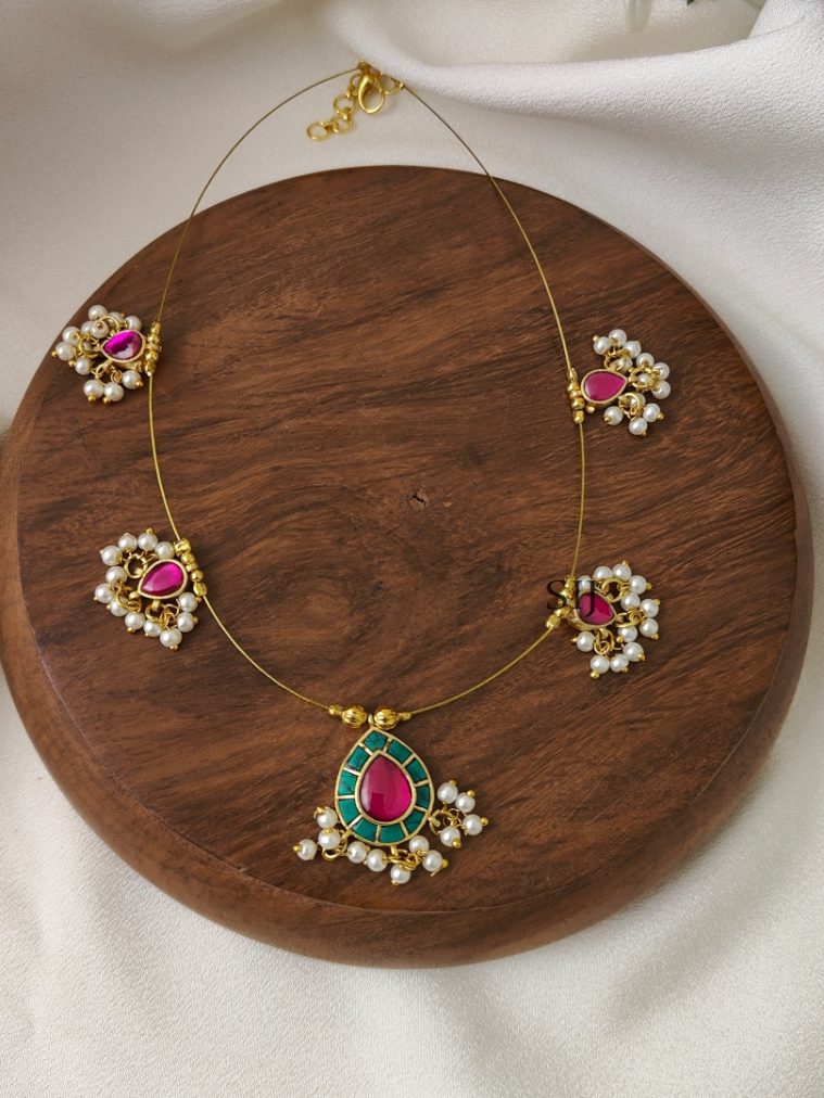 Turquoise with Pink Teardrop Kundan Jadau Invisible Necklace -