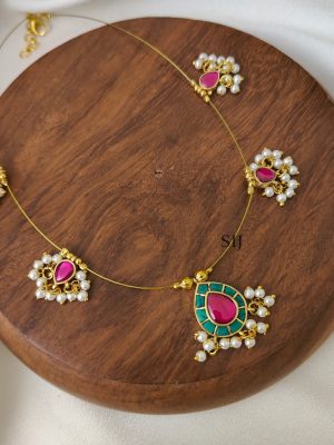 Turquoise with Pink Teardrop Kundan Jadau Invisible Necklace -