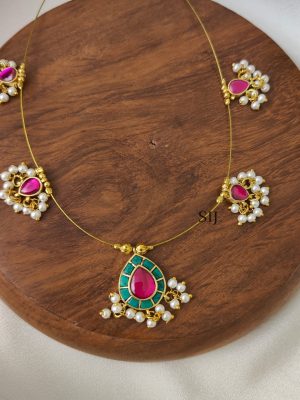 Turquoise with Pink Teardrop Kundan Jadau Invisible Necklace -