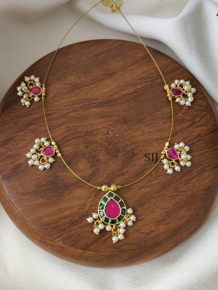 Green with Pink Teardrop Kundan Jadau Invisible Necklace -