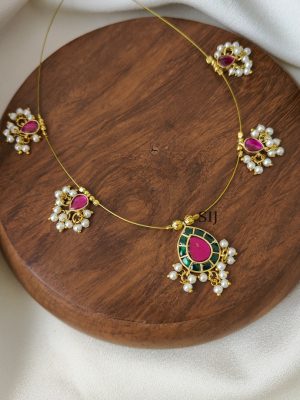 Green with Pink Teardrop Kundan Jadau Invisible Necklace -
