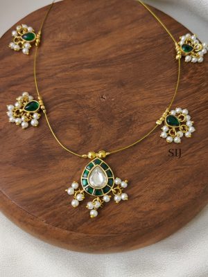 Green with White Teardrop Kundan Jadau Invisible Necklace -