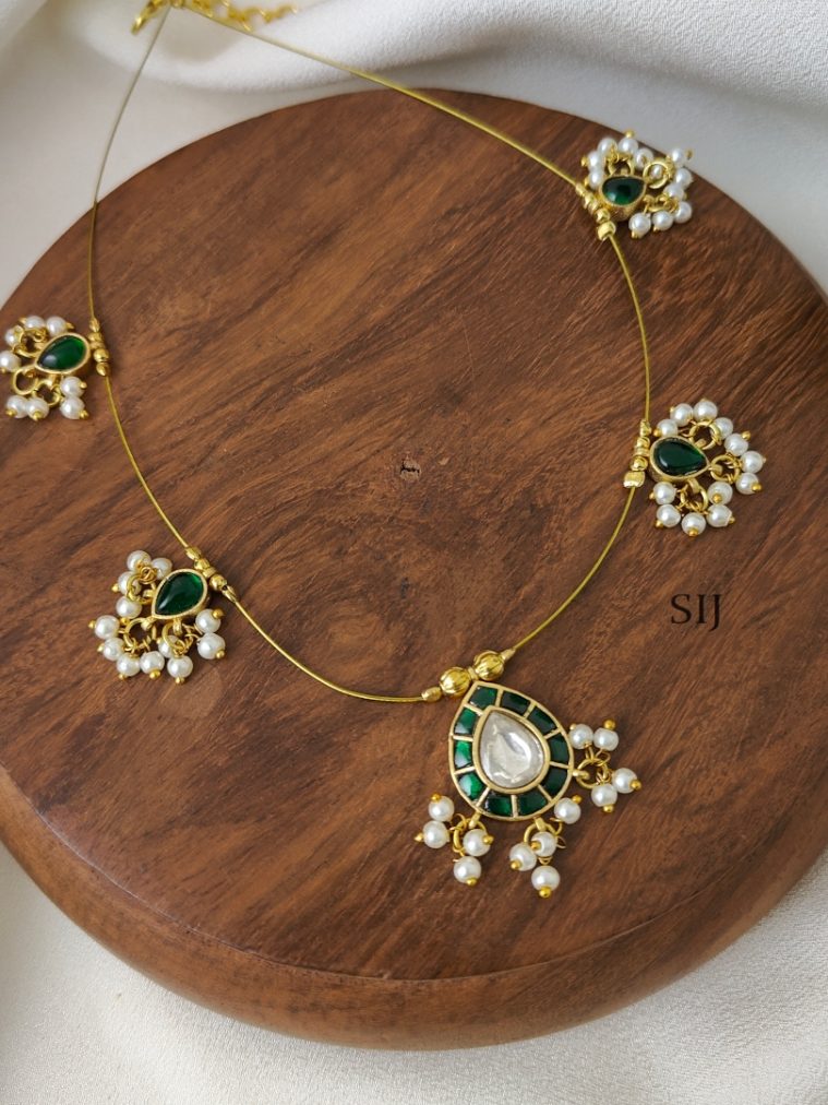 Green with White Teardrop Kundan Jadau Invisible Necklace -