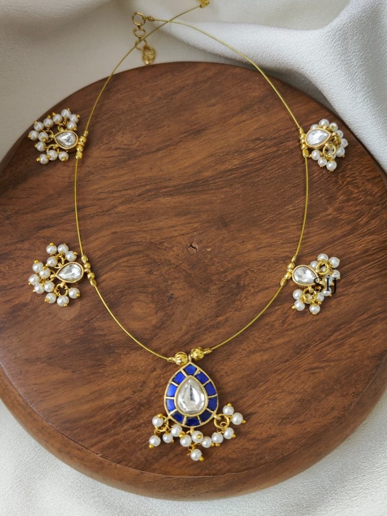 Blue with White Teardrop Kundan Jadau Invisible Necklace