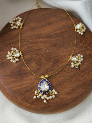 Blue with White Teardrop Kundan Jadau Invisible Necklace