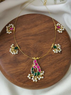 Green With Pink Peacock Kundan Jadau Invisible Necklace