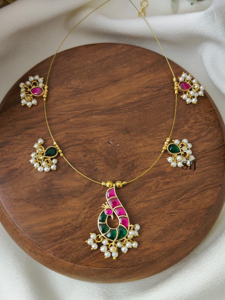 Green With Pink Peacock Kundan Jadau Invisible Necklace