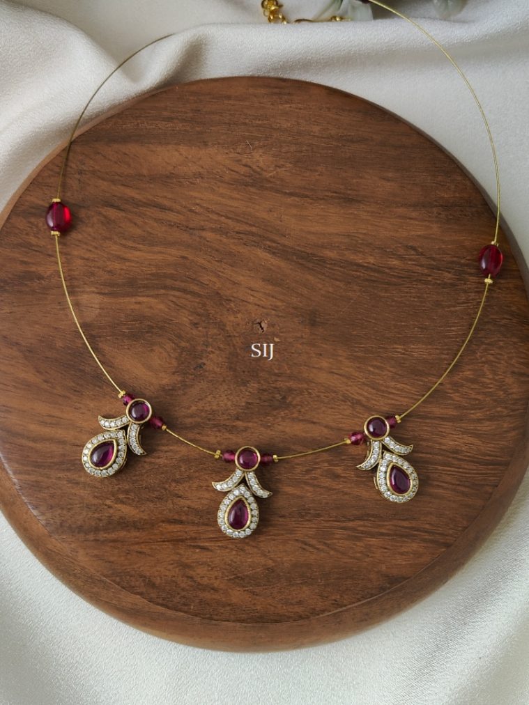 Victorian Invisible Necklace with Maroon Red Beads Pendants