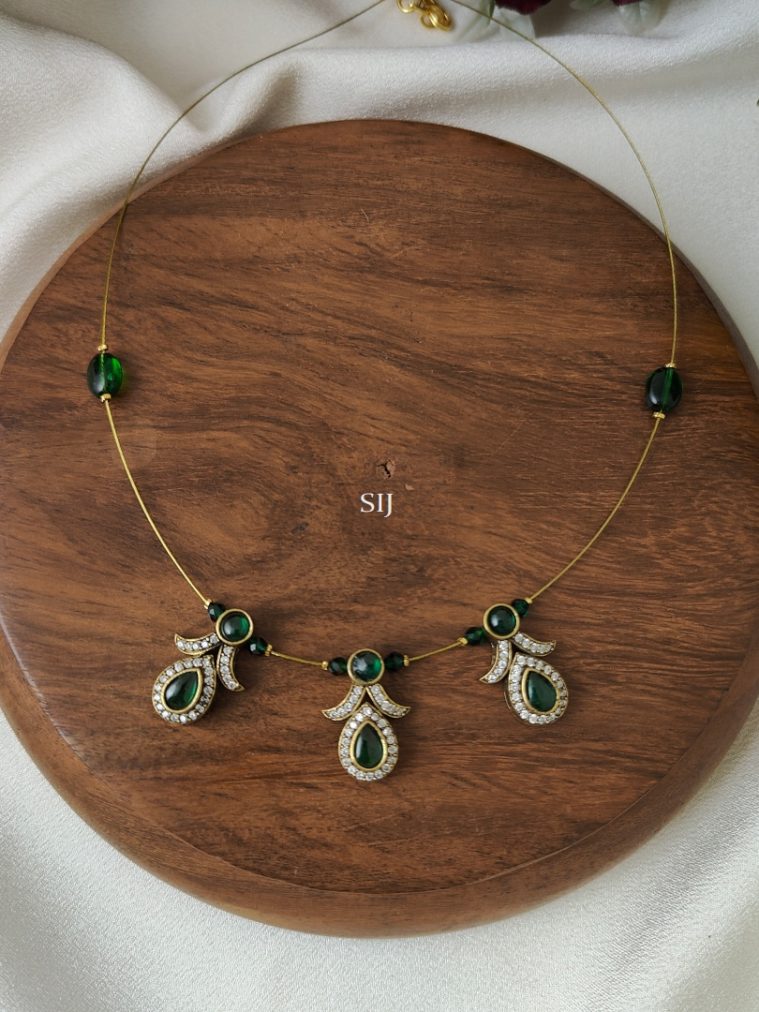 Victorian Invisible Necklace with Dark Green Beads Pendants