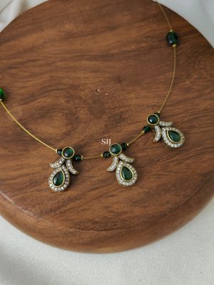 Victorian Invisible Necklace with Dark Green Beads Pendants