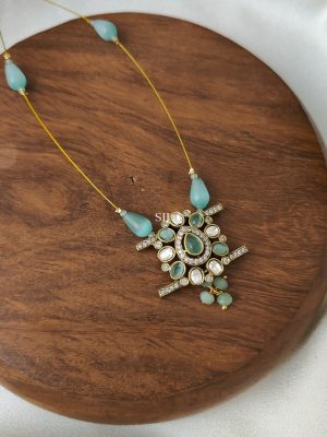 Victorian Invisible Necklace with Pastel Green Beads and Stones Pendant