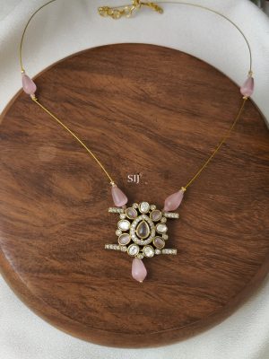 Victorian Invisible Necklace with Pastel Pink Beads and Stones Pendant