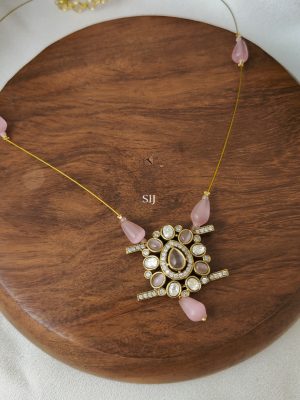 Victorian Invisible Necklace with Pastel Pink Beads and Stones Pendant