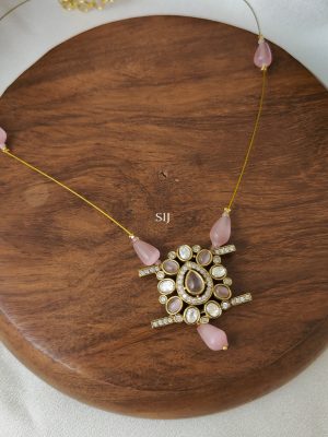 Victorian Invisible Necklace with Pastel Pink Beads and Stones Pendant