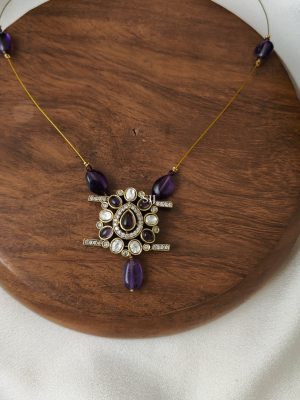 Victorian Invisible Necklace with Purple Beads and Stones Pendant