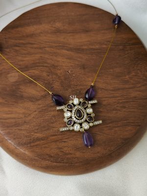Victorian Invisible Necklace with Purple Beads and Stones Pendant