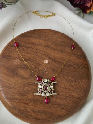 Victorian Invisible Necklace with Maroon Red Beads and Stones Pendant