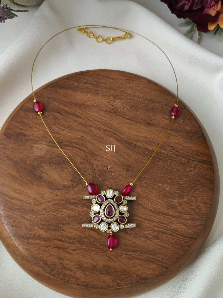 Victorian Invisible Necklace with Maroon Red Beads and Stones Pendant