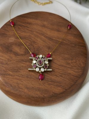 Victorian Invisible Necklace with Maroon Red Beads and Stones Pendant