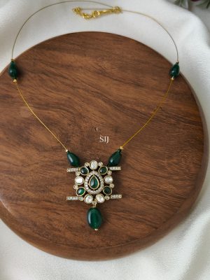 Victorian Invisible Necklace with Dark Green Beads and Stones Pendant
