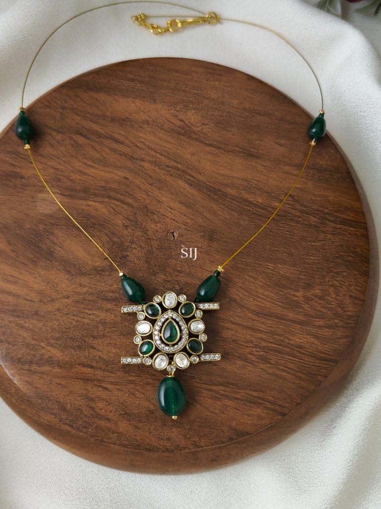 Victorian Invisible Necklace with Dark Green Beads and Stones Pendant