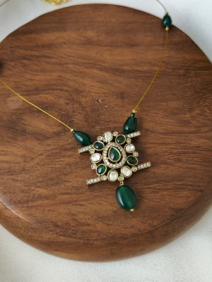 Victorian Invisible Necklace with Dark Green Beads and Stones Pendant