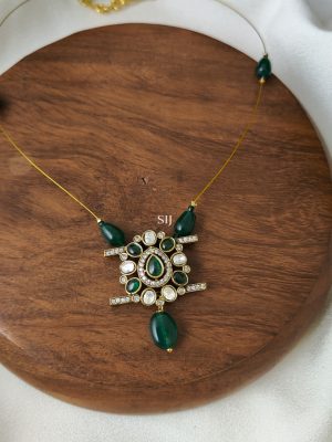 Victorian Invisible Necklace with Dark Green Beads and Stones Pendant