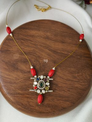 Victorian Coral Beads Invisible Necklace with Multi Color Stones Pendant