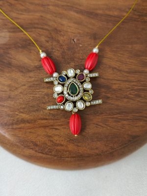 Victorian Coral Beads Invisible Necklace with Multi Color Stones Pendant