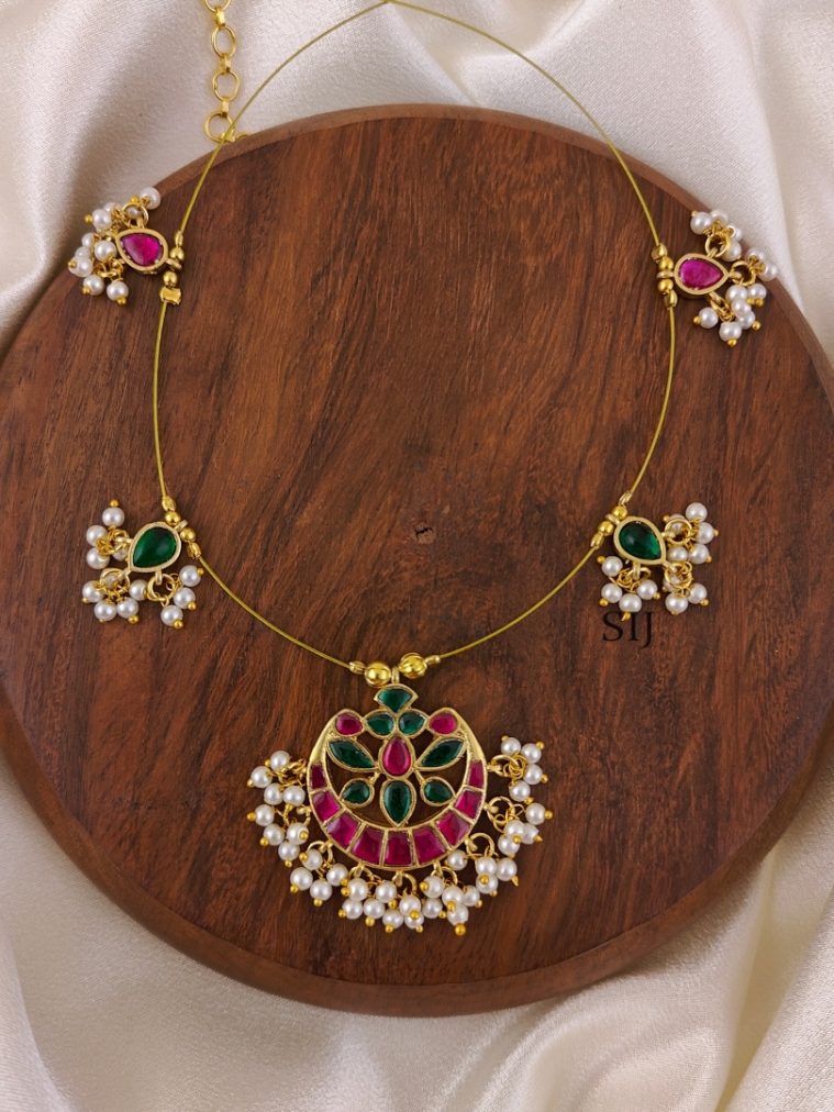 Ruby With Green Floral Kundan Jadau Invisible Necklace