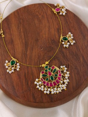 Ruby With Green Floral Kundan Jadau Invisible Necklace