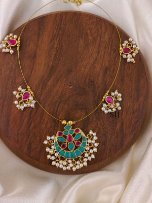 Turquoise With Pink Floral Kundan Jadau Invisible Necklace