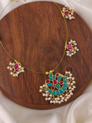 Turquoise With Pink Floral Kundan Jadau Invisible Necklace