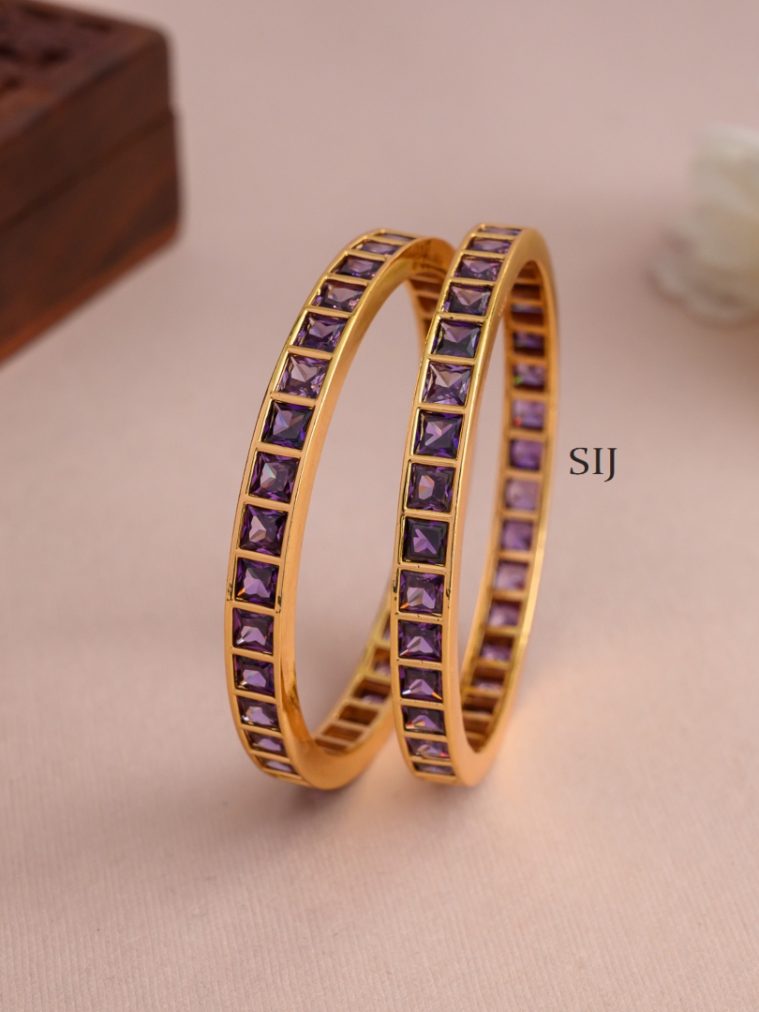 Gold Finish Lavender Block Stone Bangle