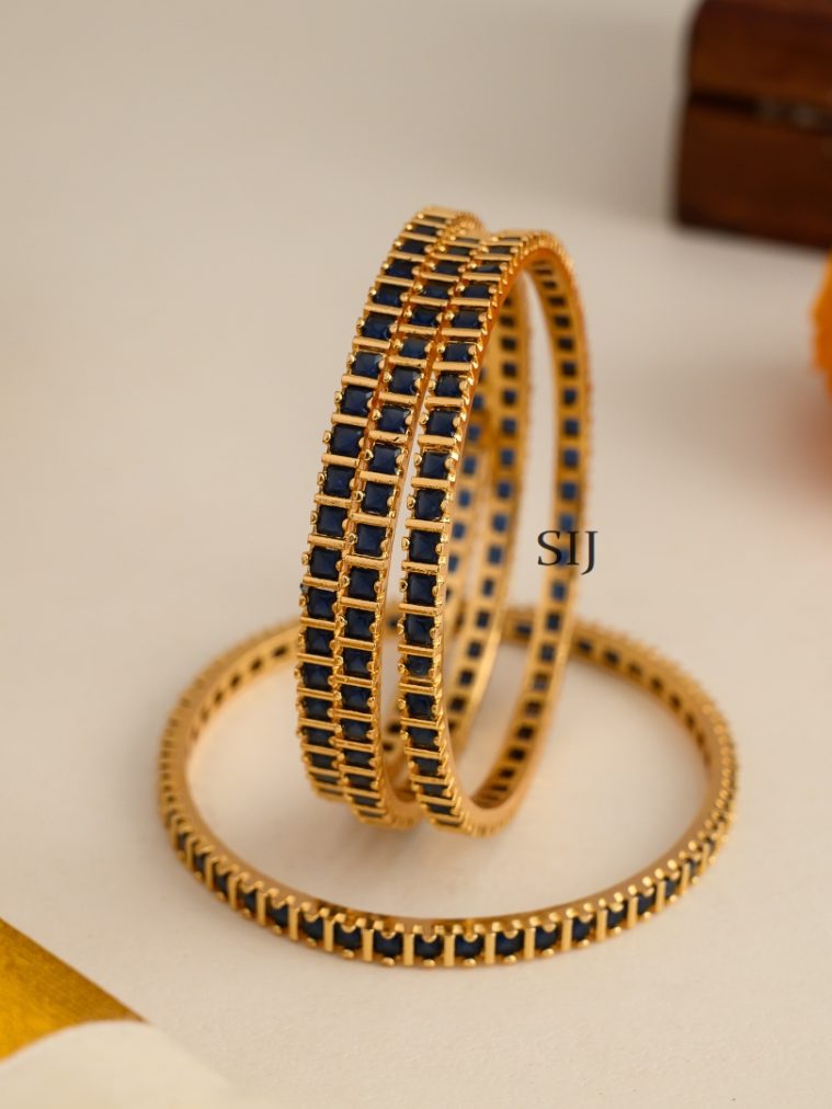 Gold Finish Blue Square Bangle - Set of 4