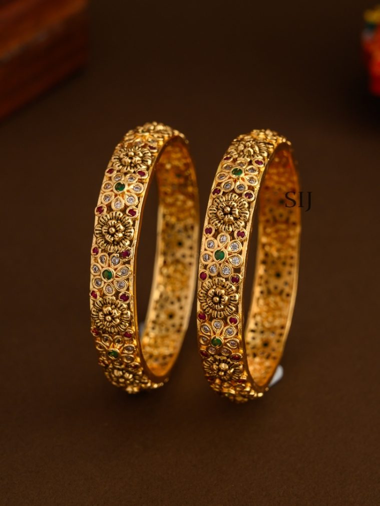 Matte Finish AD and Kemp Stones Floral Design Bangles