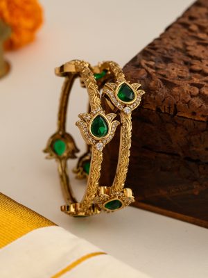 Green and White Stones Lotus Design Bangles