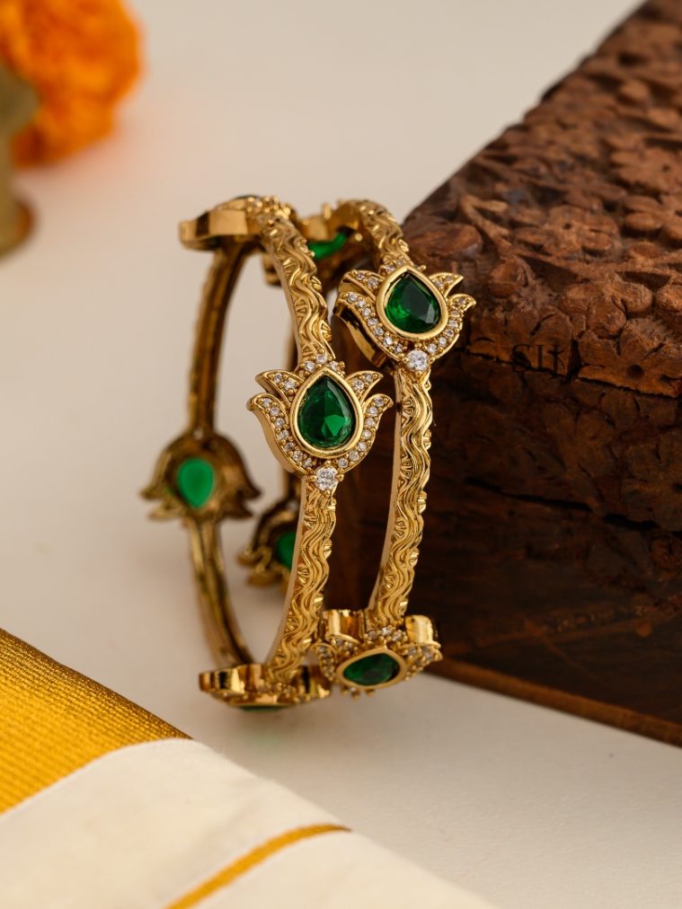Green and White Stones Lotus Design Bangles
