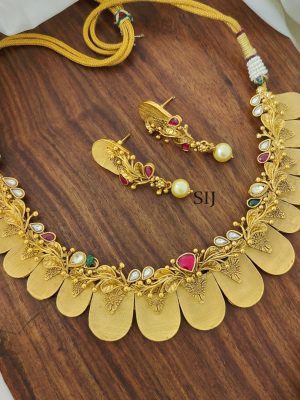 Gold Finish Multi Stones Floral Necklace