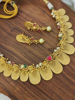 Gold Finish Multi Stones Floral Necklace