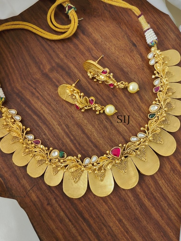 Gold Finish Multi Stones Floral Necklace