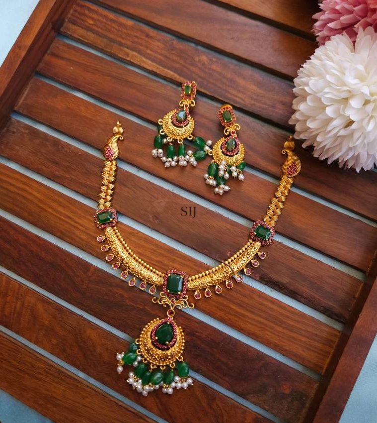 Gold Finish Chand Bali Pendant Necklace with Green Beads Hangings