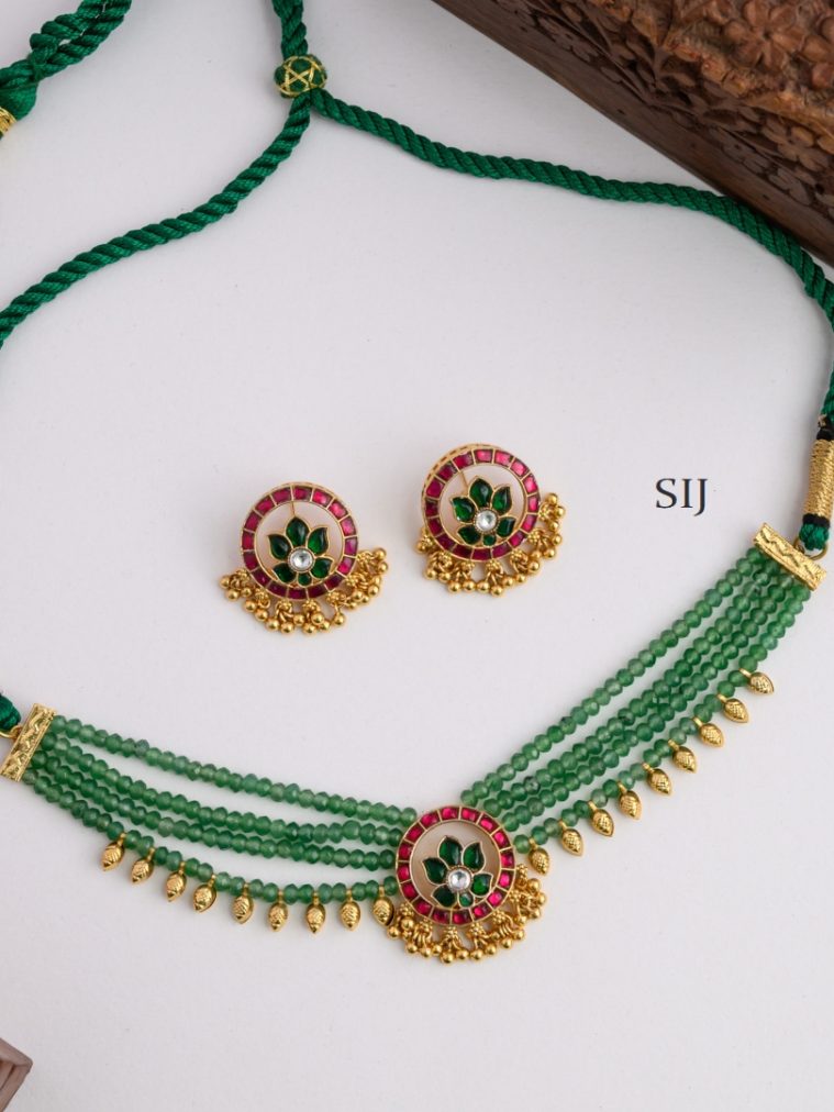 Gold Finish Kundan Jadau Green Beaded Choker